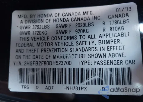 2013 Honda Civic Ex z USA, uszkodzony, nr VIN 2HGFB2F80DH523700